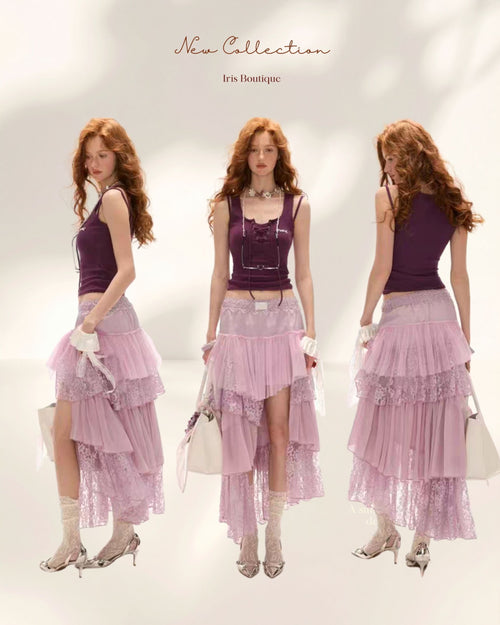 Layered Lace Patchwork Shirt & Skirt – Purple Asymmetric Ruffle Midi