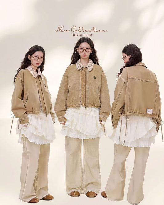 Vintage Corduroy Jacket with Lace Collar – Retro Fall Outerwear