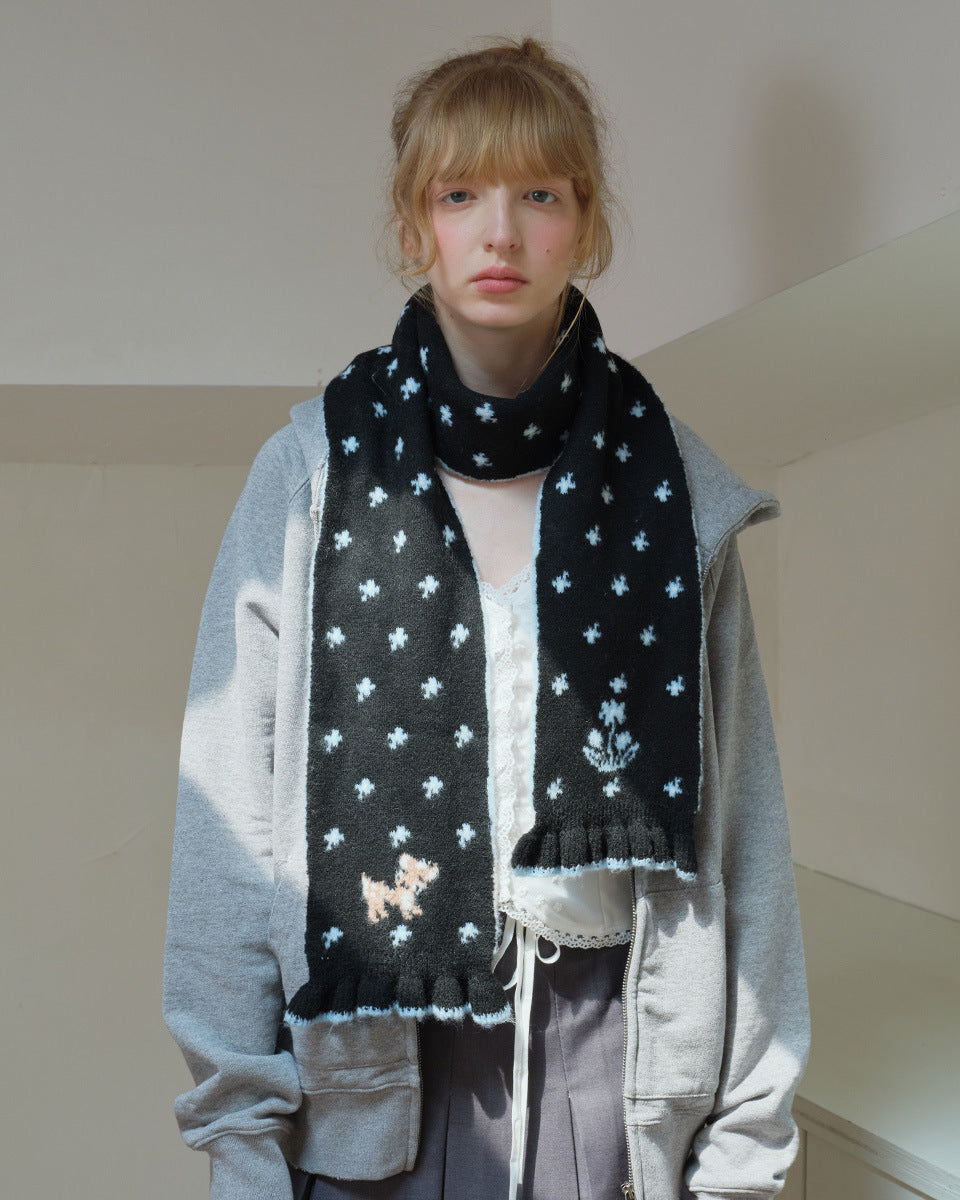 Soft Wool Floral Scarf - Black