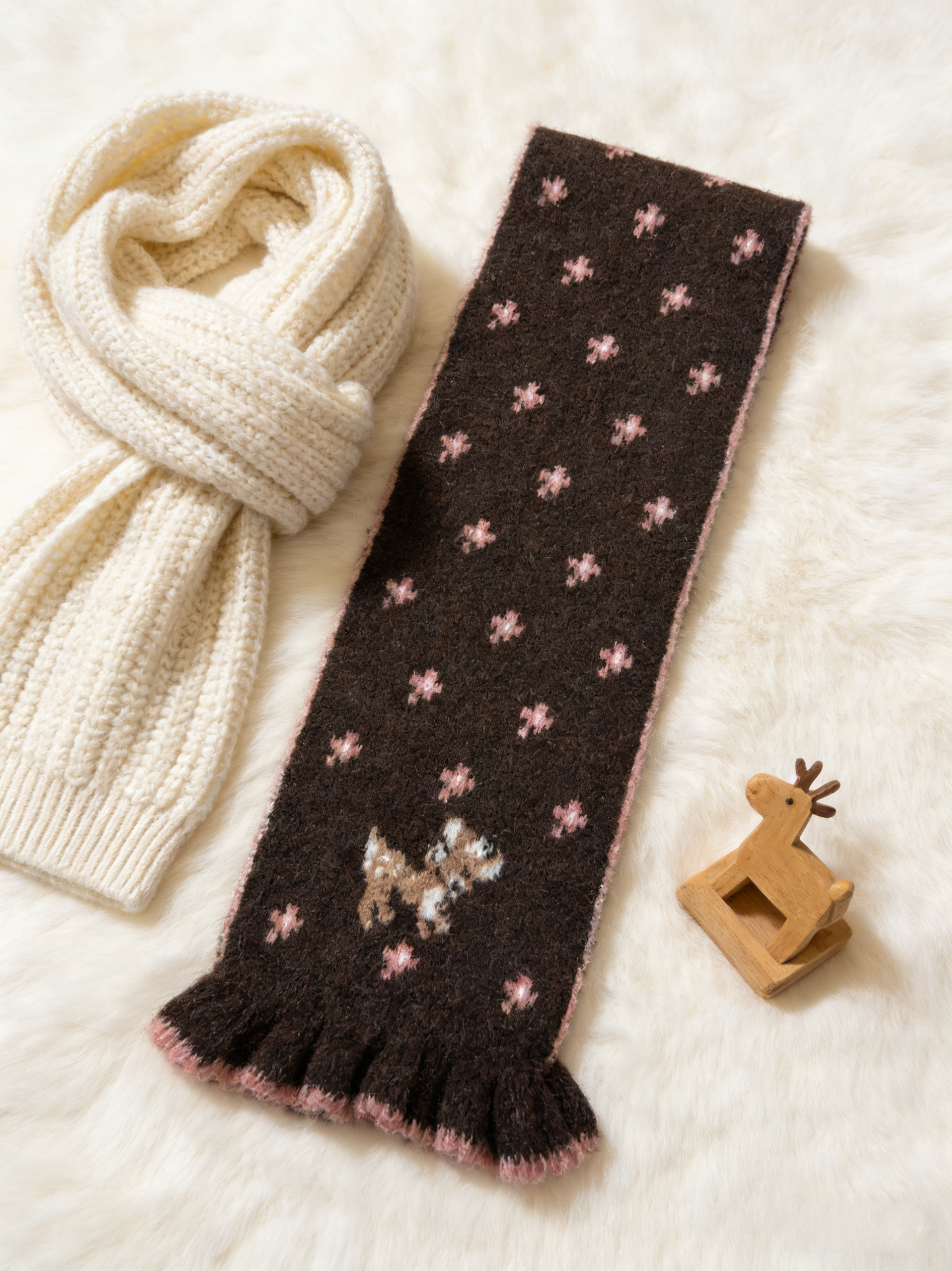 Soft Wool Floral Scarf - Brown
