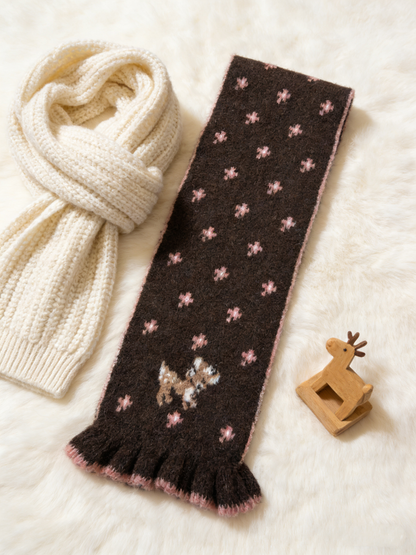 Soft Wool Floral Scarf - Brown