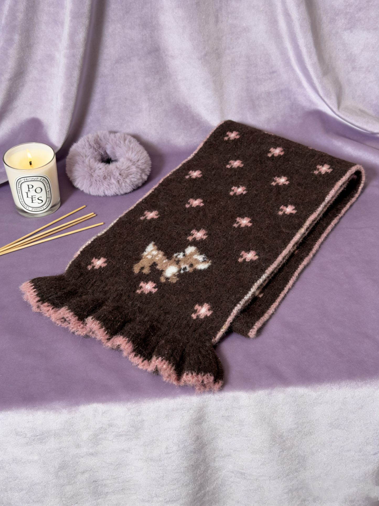 Soft Wool Floral Scarf - Brown