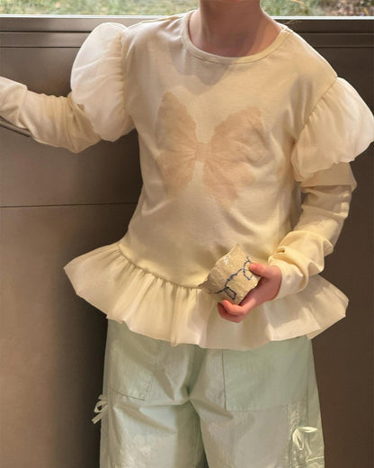 Mia Whimsical Bow Ruffle Top - Peach & Cream