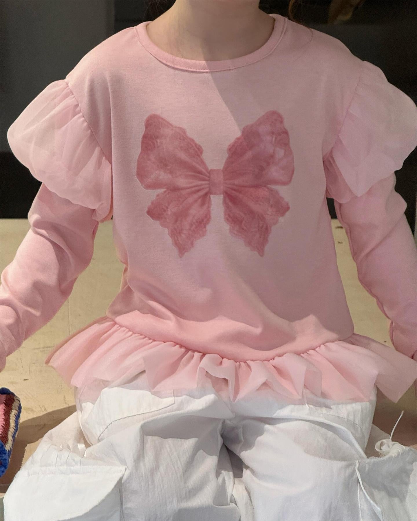 Mia Whimsical Bow Ruffle Top - Peach & Cream