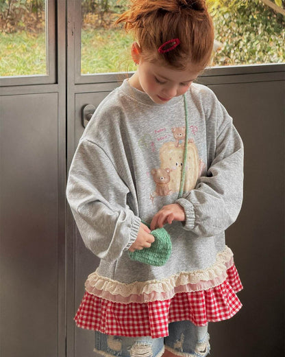 Teddy Sweetheart Gingham Ruffle Sweatshirt - Heather Grey