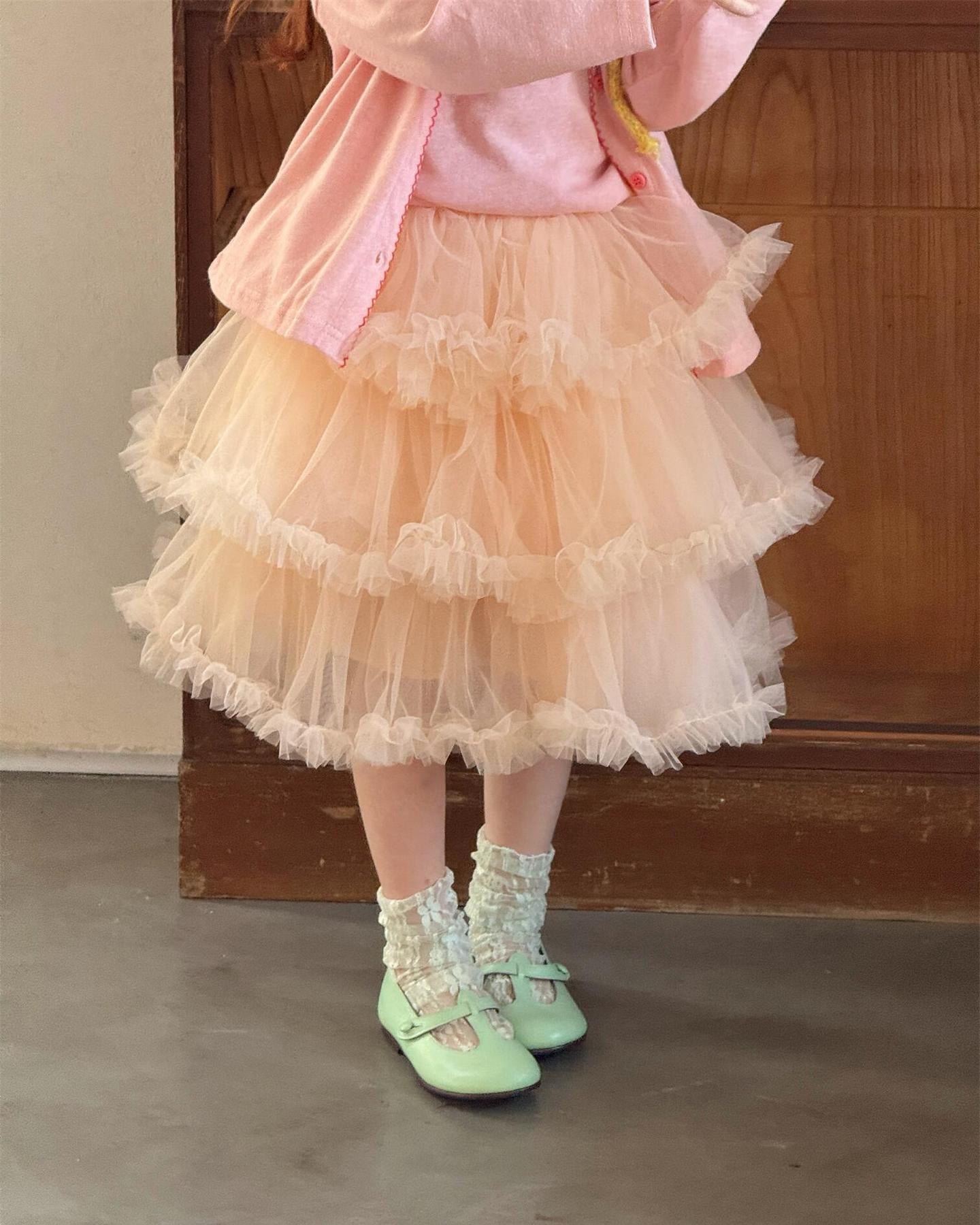 Girls Layered Lace Tulle Skirt – Elegant Princess Ruffle Midi Skirt