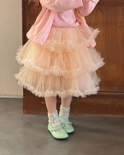 Girls Layered Lace Tulle Skirt – Elegant Princess Ruffle Midi Skirt