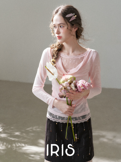 Layered Lace Top & Asymmetric Skirt Set – Pink