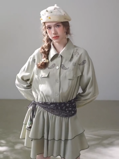 Embroidered Waist Tie Shirt Dress – Grey
