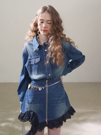 Denim Shirt Dress with Layered Dotted Gauze Hem
