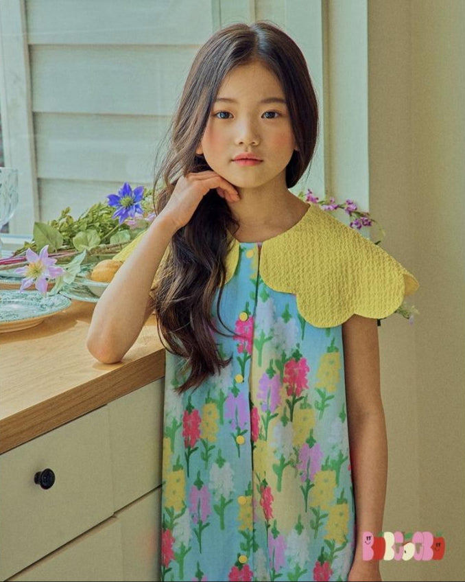 Floral Meadow Scalloped Dress - Sky Blue & Zesty Lemon