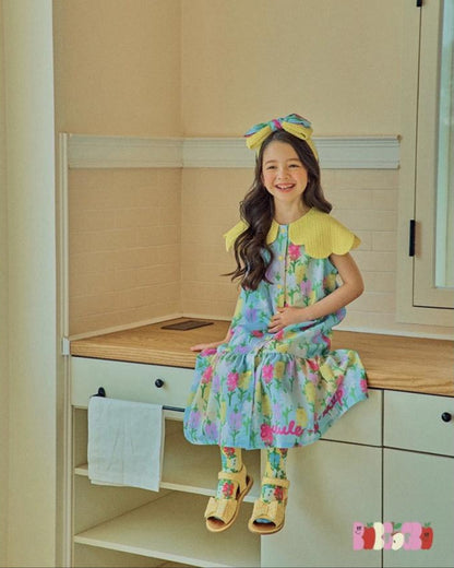 Floral Meadow Scalloped Dress - Sky Blue & Zesty Lemon