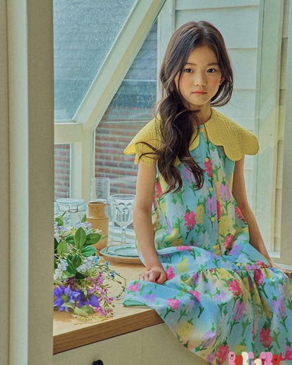Floral Meadow Scalloped Dress - Sky Blue & Zesty Lemon
