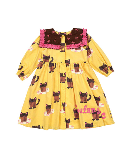 Girls Ruffle Party Dress Set Cupcake Cat Print Long Sleeve Top & Layered Skirt Birthday & Holiday Outfit