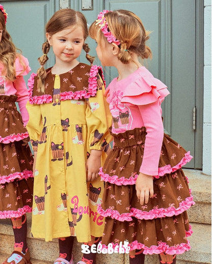 Girls Ruffle Party Dress Set Cupcake Cat Print Long Sleeve Top & Layered Skirt Birthday & Holiday Outfit