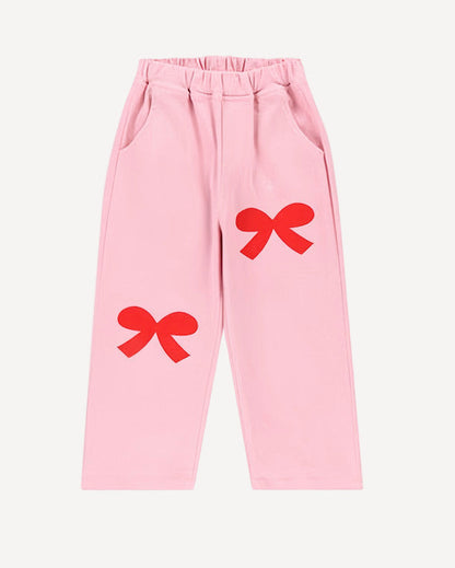 Sweet Bow Pink Cotton Joggers - Soft Rose & Crimson