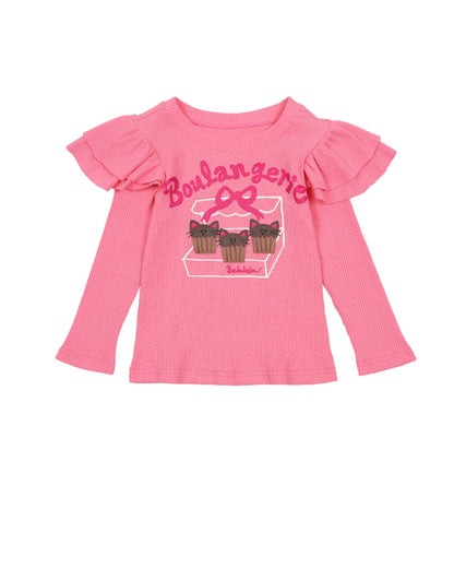 Girls Ruffle Party Dress Set Cupcake Cat Print Long Sleeve Top & Layered Skirt Birthday & Holiday Outfit