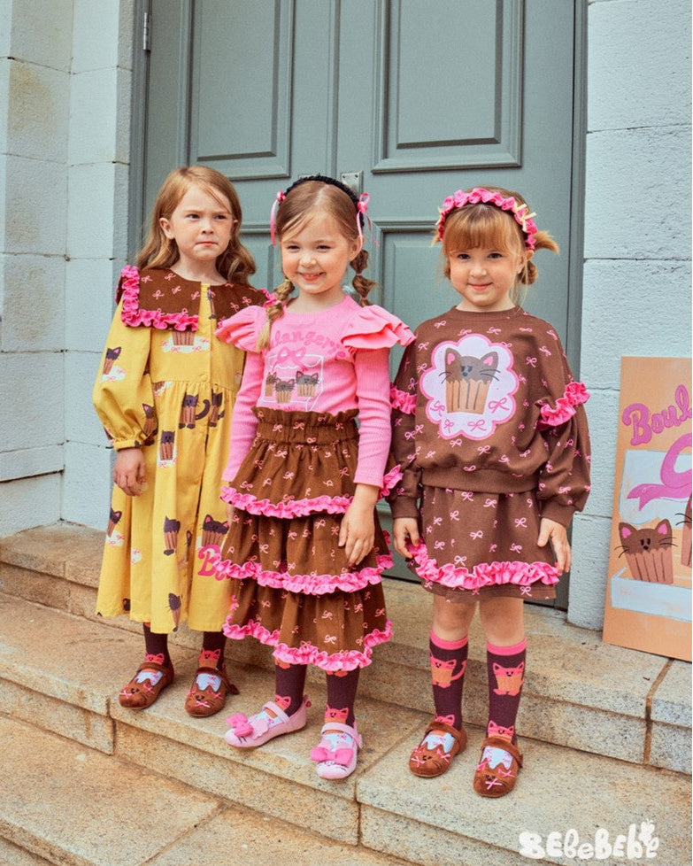 Girls Ruffle Party Dress Set Cupcake Cat Print Long Sleeve Top & Layered Skirt Birthday & Holiday Outfit