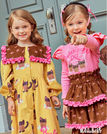 Girls Ruffle Party Dress Set Cupcake Cat Print Long Sleeve Top & Layered Skirt Birthday & Holiday Outfit