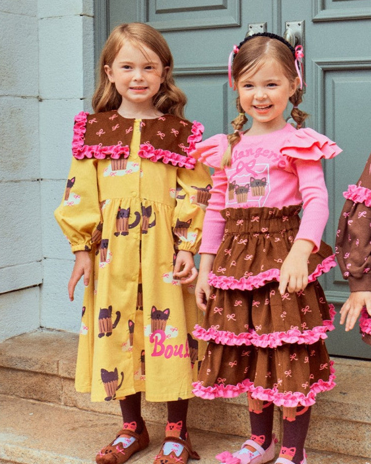 Girls Ruffle Party Dress Set Cupcake Cat Print Long Sleeve Top & Layered Skirt Birthday & Holiday Outfit