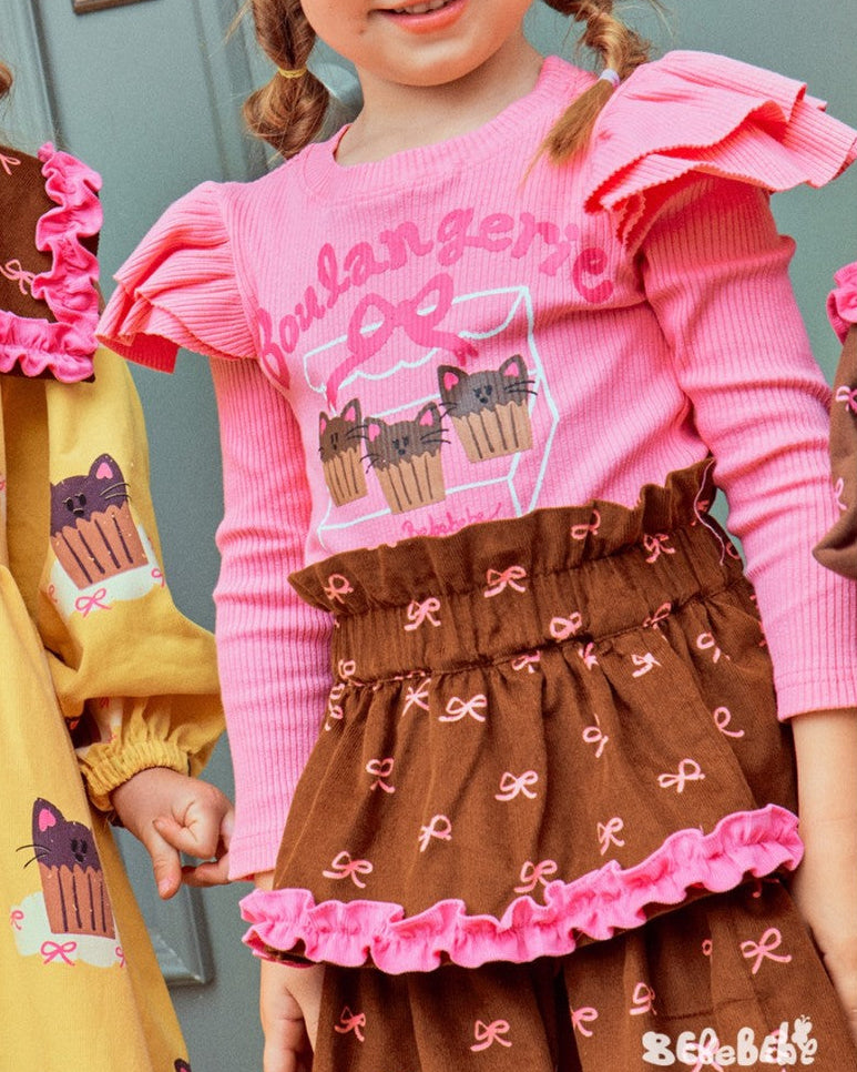 Girls Ruffle Party Dress Set Cupcake Cat Print Long Sleeve Top & Layered Skirt Birthday & Holiday Outfit