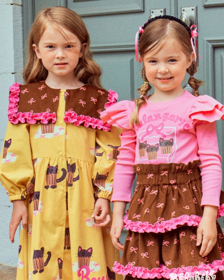 Girls Ruffle Party Dress Set Cupcake Cat Print Long Sleeve Top & Layered Skirt Birthday & Holiday Outfit