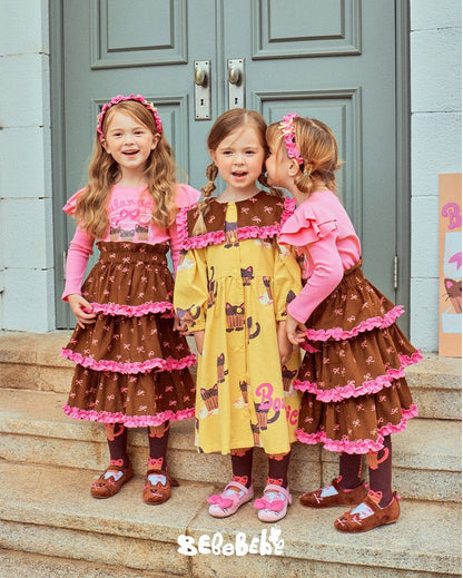 Girls Ruffle Party Dress Set Cupcake Cat Print Long Sleeve Top & Layered Skirt Birthday & Holiday Outfit