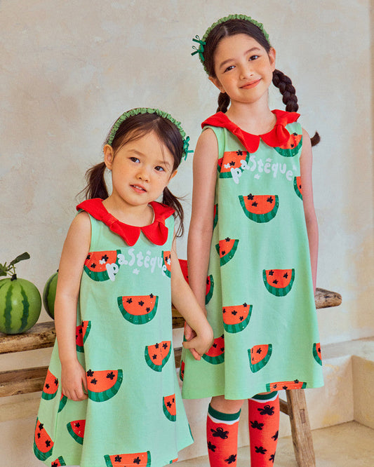 Girls Watermelon Print Dress – Summer Sleeveless Dress with Red Bow Collar
