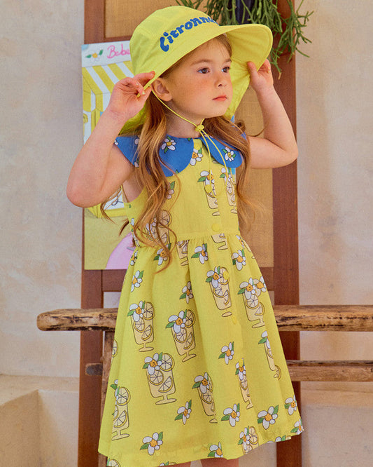 Lemon Floral Dress – Summer Sleeveless Dress with Blue Petal Collar