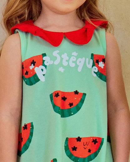 Girls Watermelon Print Dress – Summer Sleeveless Dress with Red Bow Collar