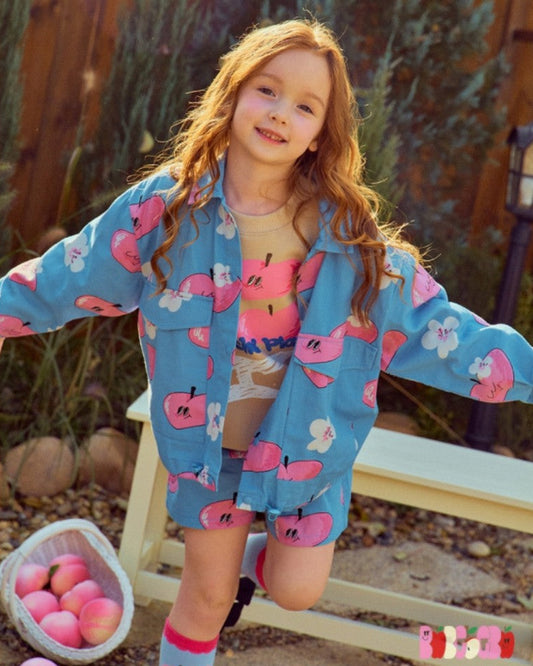 Kids Blue Apple Print Soft Long & Short Pants