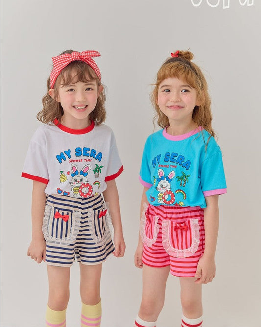 Girls Summer Sailor Outfit – Cartoon Tee & Striped Bow Shorts Set