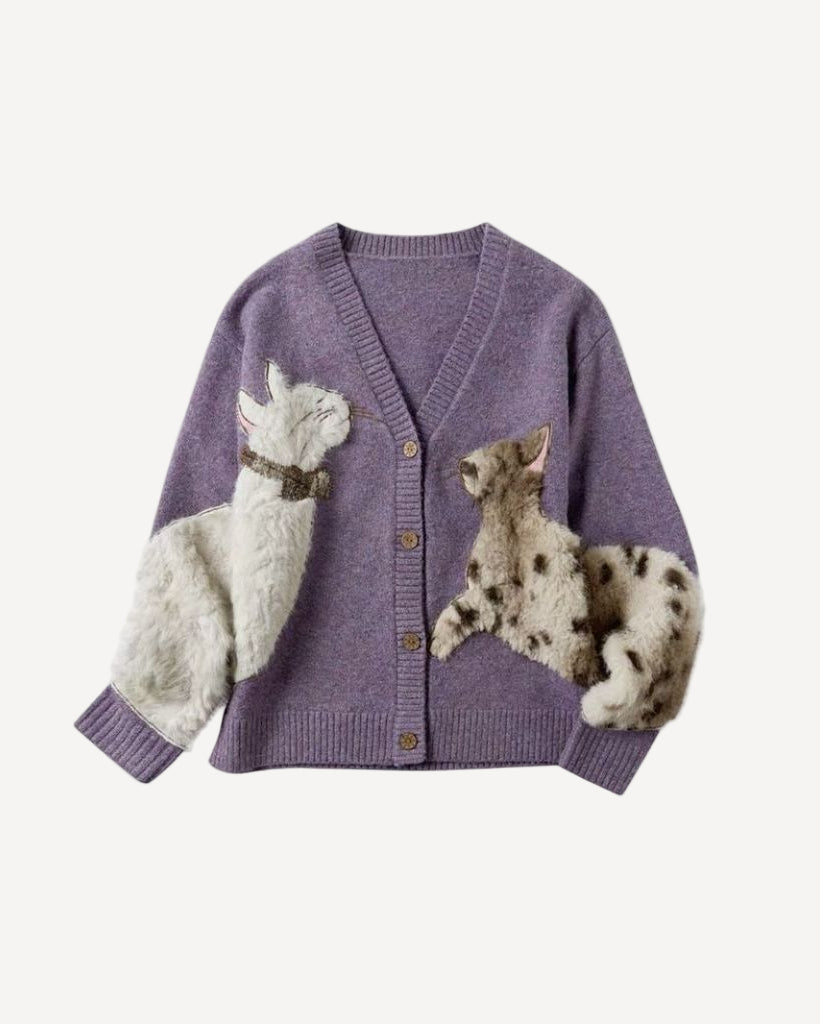 Furry Cat Knit Cardigan –Cozy Statement Sweater