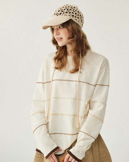 Cream Striped Knit Sweater – Soft Casual Oversized Pullover