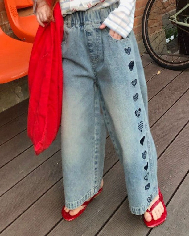 Girls Heart Embroidered Wide Leg Denim Pants – Kids Jeans