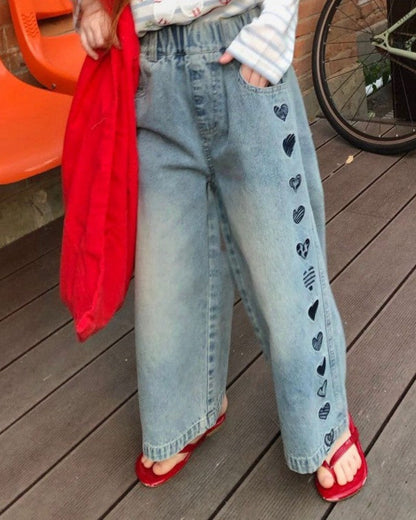 Girls Heart Embroidered Wide Leg Denim Pants – Kids Jeans