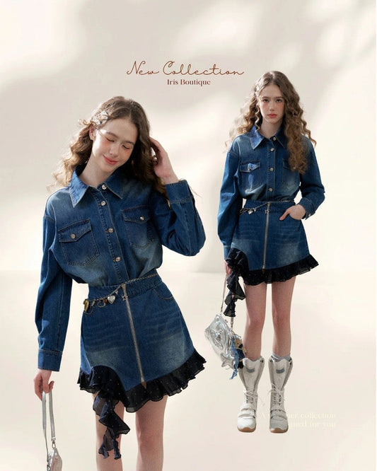 Denim Shirt Dress with Layered Dotted Gauze Hem