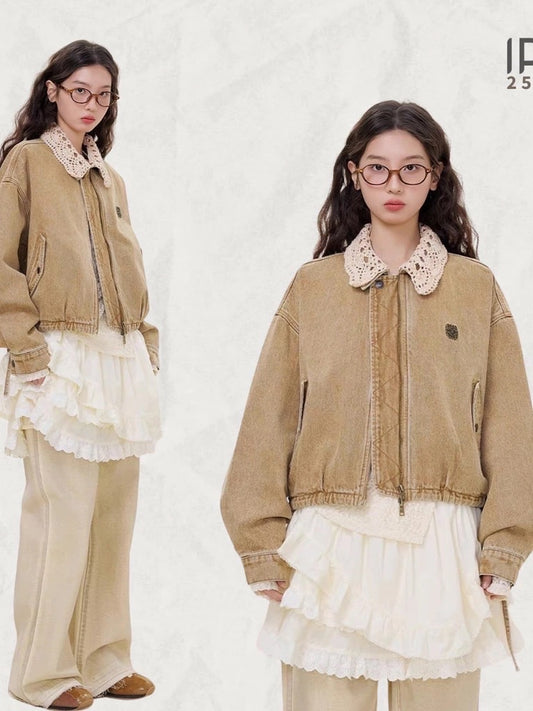 Vintage Corduroy Jacket with Lace Collar – Retro Fall Outerwear