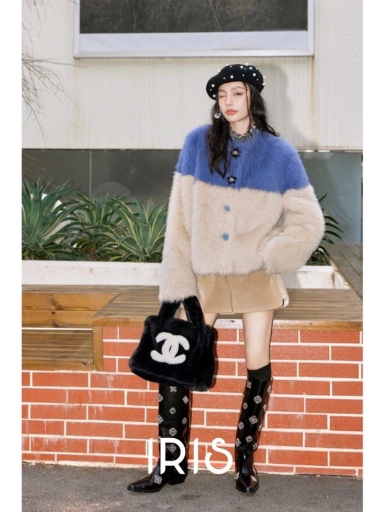 Two-Tone Faux Fur Coat – Soft Blue & Cream Winter Jacket