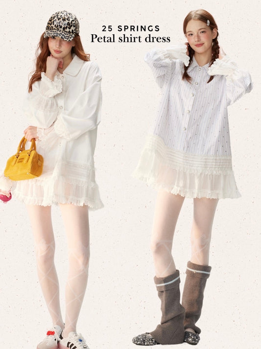 Petal Hem Shirt Dress – Oversized Ruffle Trim Dress (White/Striped)