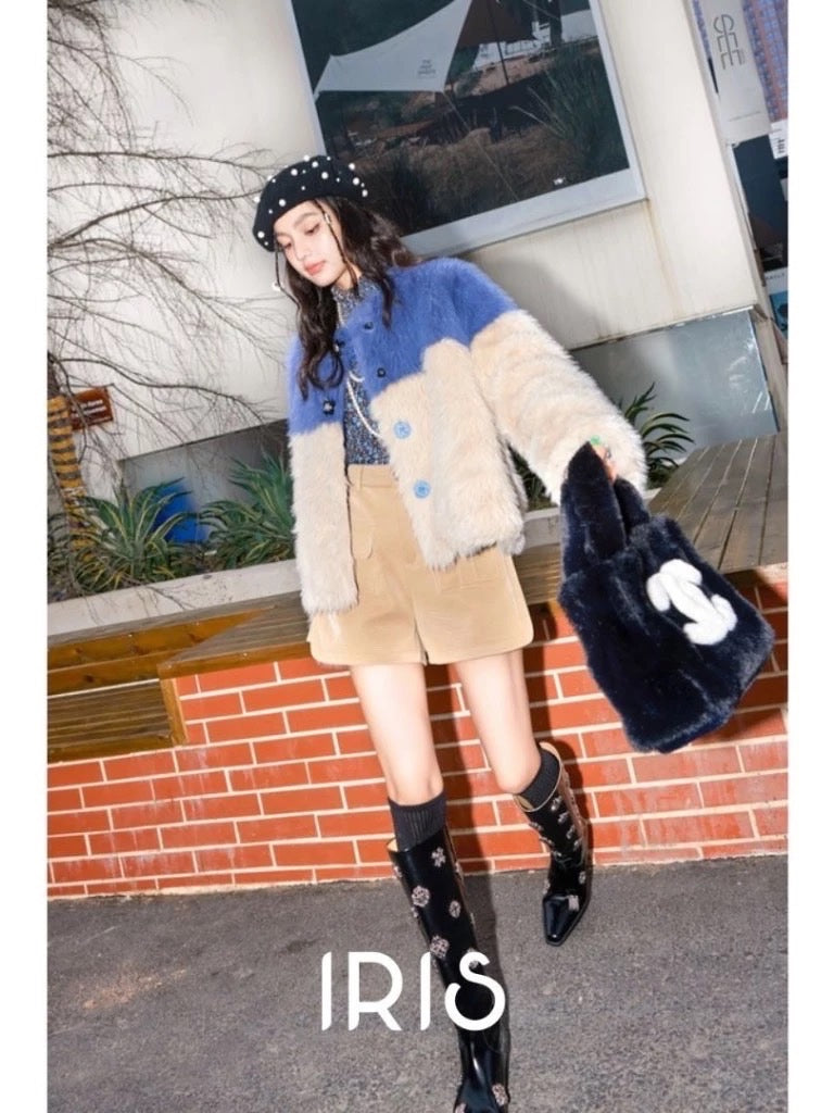 Two-Tone Faux Fur Coat – Soft Blue & Cream Winter Jacket