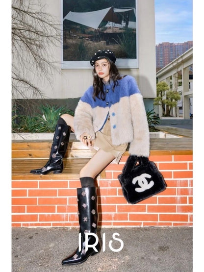 Two-Tone Faux Fur Coat – Soft Blue & Cream Winter Jacket