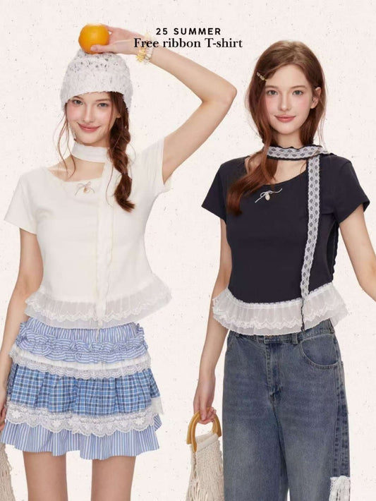 Bow Lace Hem Knit Top – Cute Short-Sleeve Tee with Ruffle Trim (White/Black)