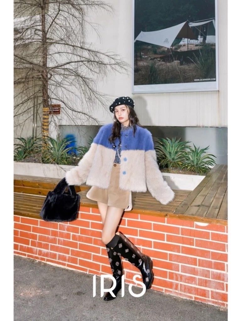 Two-Tone Faux Fur Coat – Soft Blue & Cream Winter Jacket
