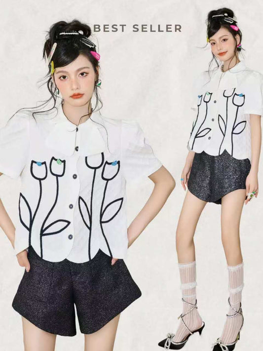 Floral Embroidered White Short-Sleeve Blouse – Cute Tulip Button Shirt