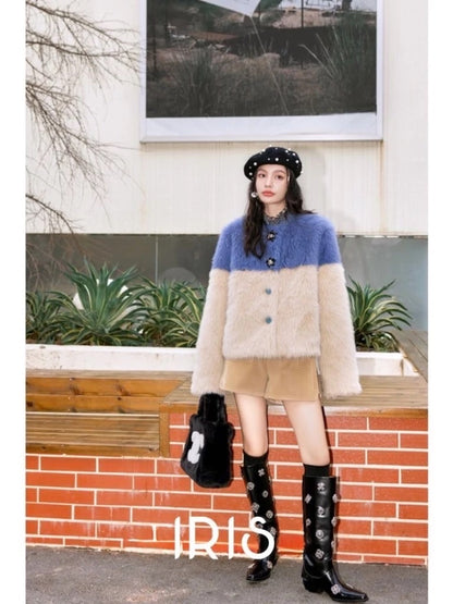 Two-Tone Faux Fur Coat – Soft Blue & Cream Winter Jacket