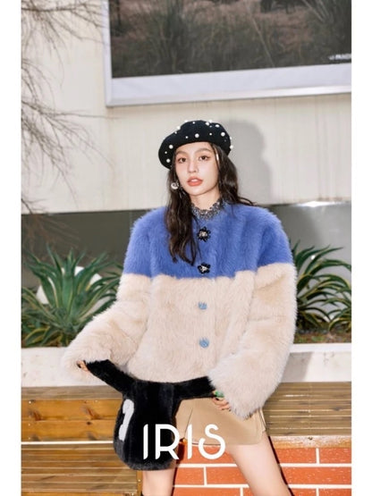 Two-Tone Faux Fur Coat – Soft Blue & Cream Winter Jacket