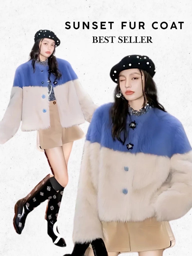Two-Tone Faux Fur Coat – Soft Blue & Cream Winter Jacket