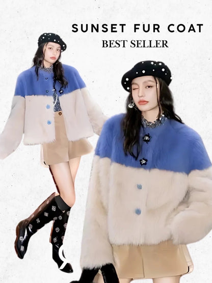 Two-Tone Faux Fur Coat – Soft Blue & Cream Winter Jacket