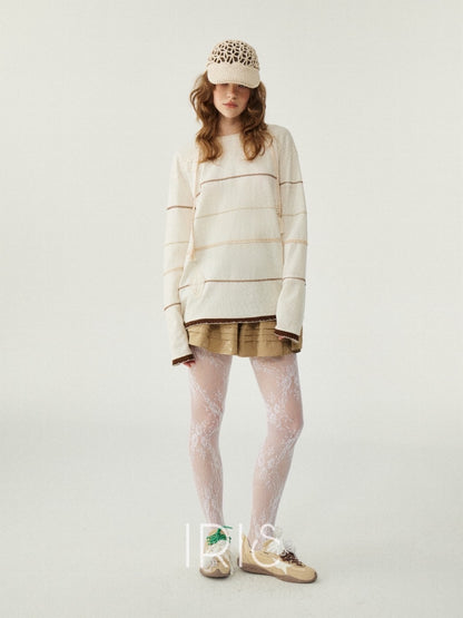 Cream Striped Knit Sweater – Soft Casual Oversized Pullover